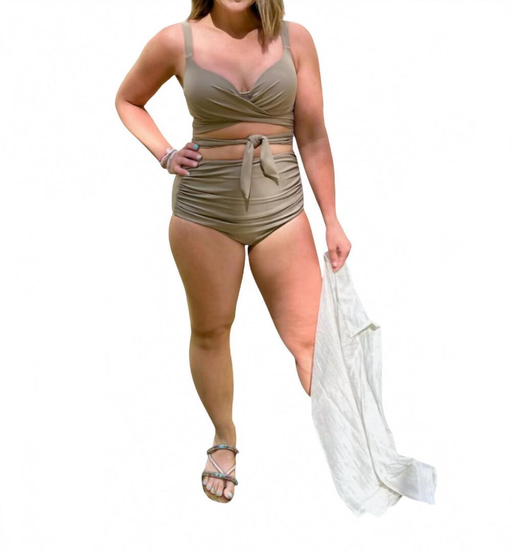 NEW ALLIE ROSE women's lagoon luxe high waist two piece bikini in taupe